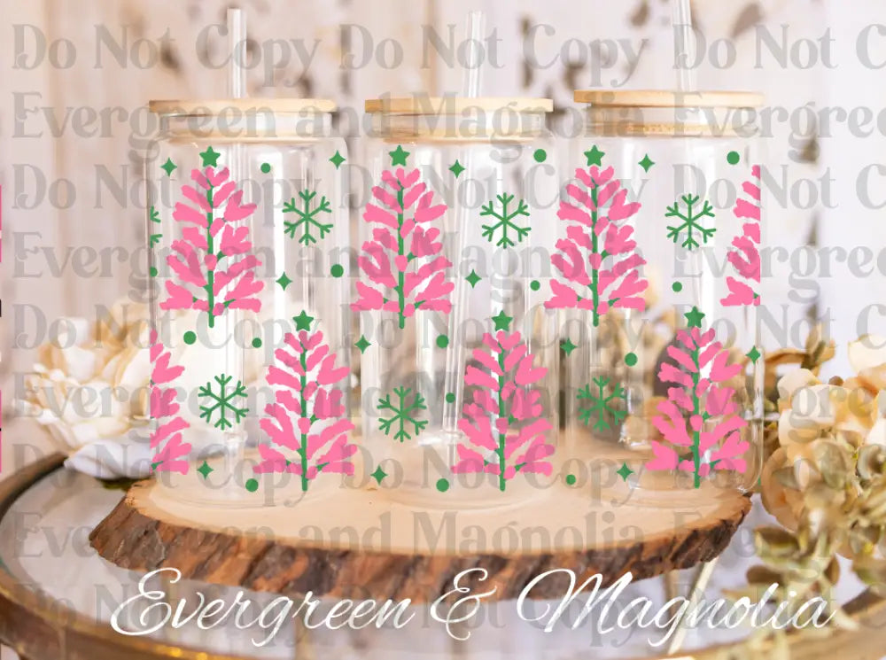 Hot pink Christmas trees & Green Snowflakes
